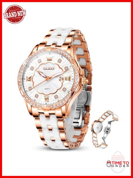 Luxury Ceramic Watch Diamond Rose Gold Dial Quartz Dress Watch Water Resistant